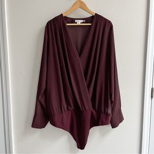 [good american] long sleeve wrap front bodysuit wine 4XL